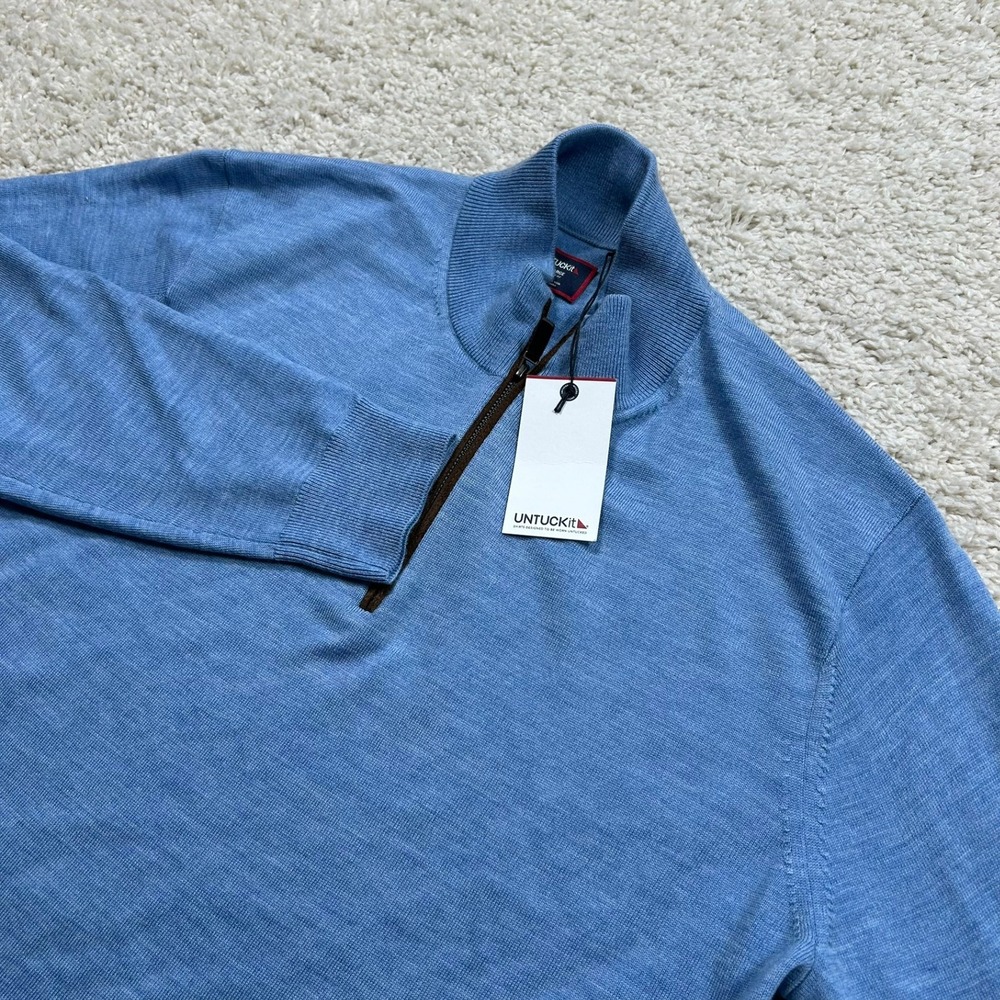 UNTUCKit Belguardo Quarter Zip Sweater XL Light Blue Merino Wool 1/4 Zip New
